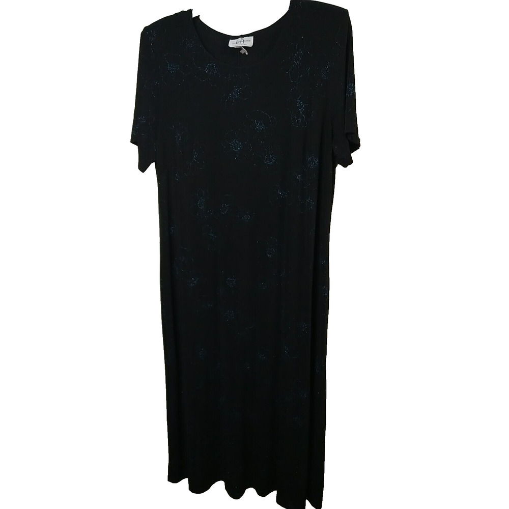 Los Angeles Woman 18 Maxi Dress Black Aqua Floral Short Sleeve Sheath Classy...